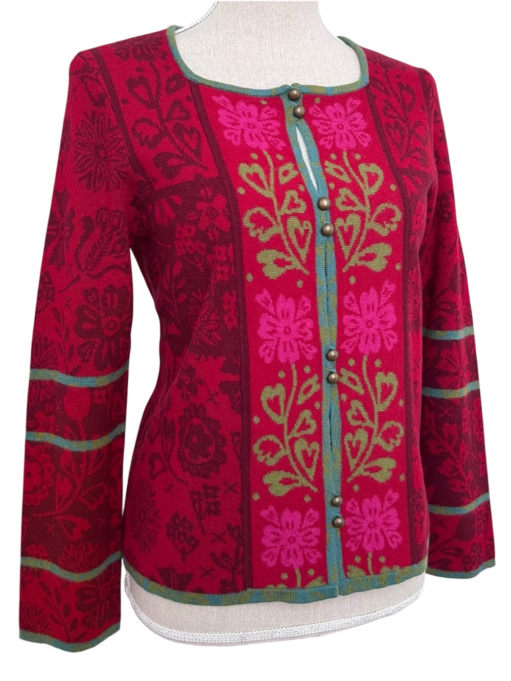 Gudrun Sjoden Wool Scandinavian Red Pink Floral Lightweight Knit Cardigan Small
